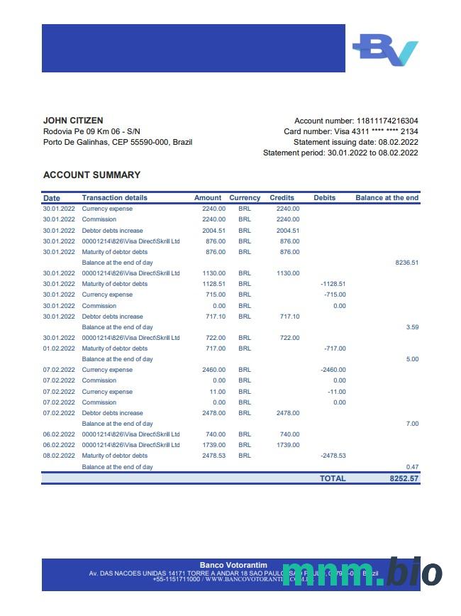 Brazil Banco Votorantim szablon wyciągu bankowego w formacie Word i PDF